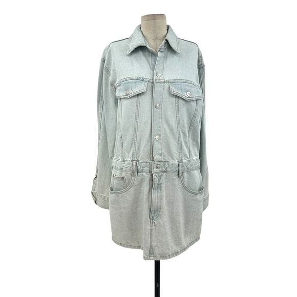 Zara Denim Short Mini Dress Light Wash Blue Long Sleeves Coverall Size Large - Picture 2 of 12